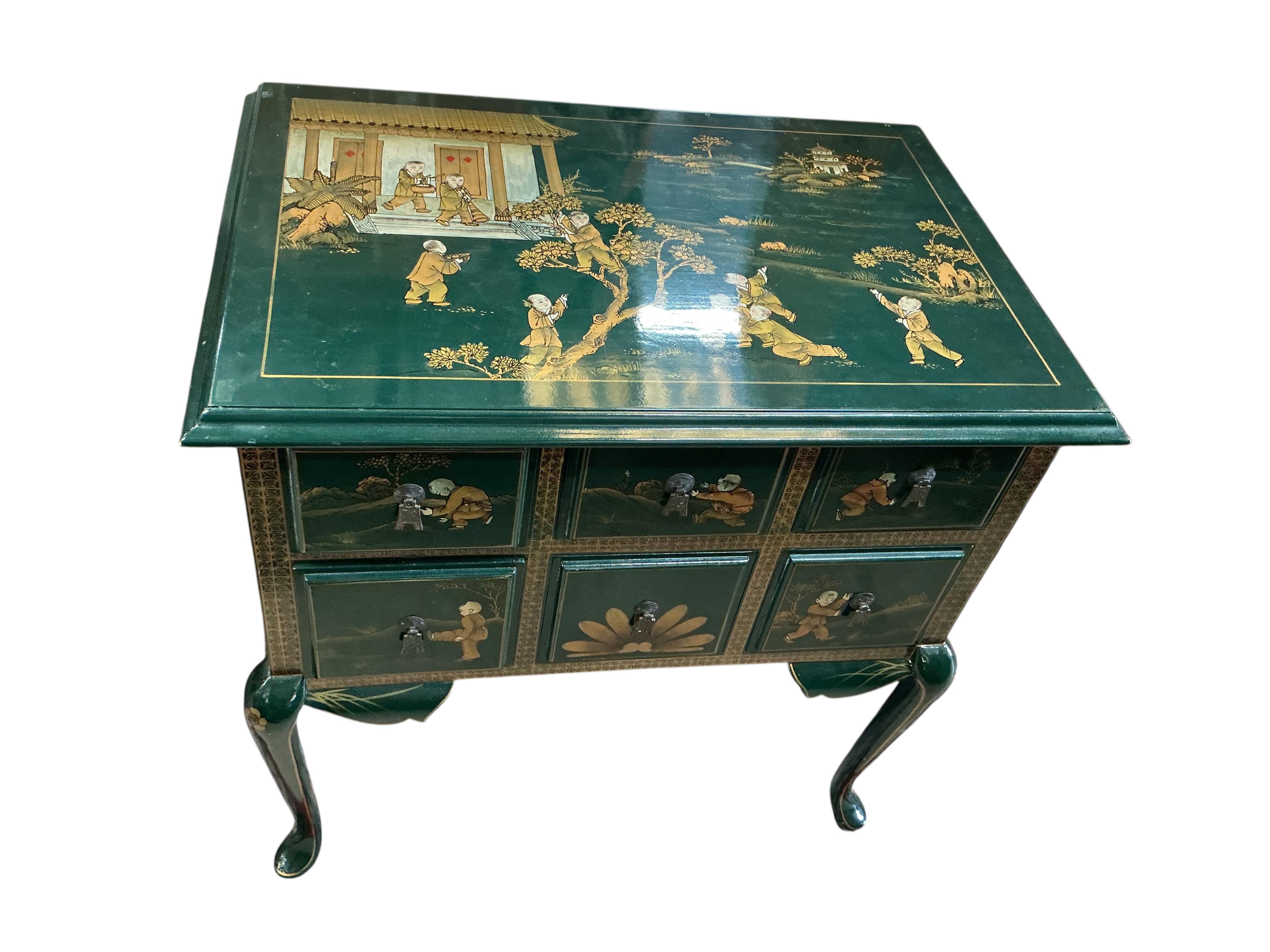 A modern chinoiserie decorated six drawer side table, width 76cm, depth 50cm, height 76cm